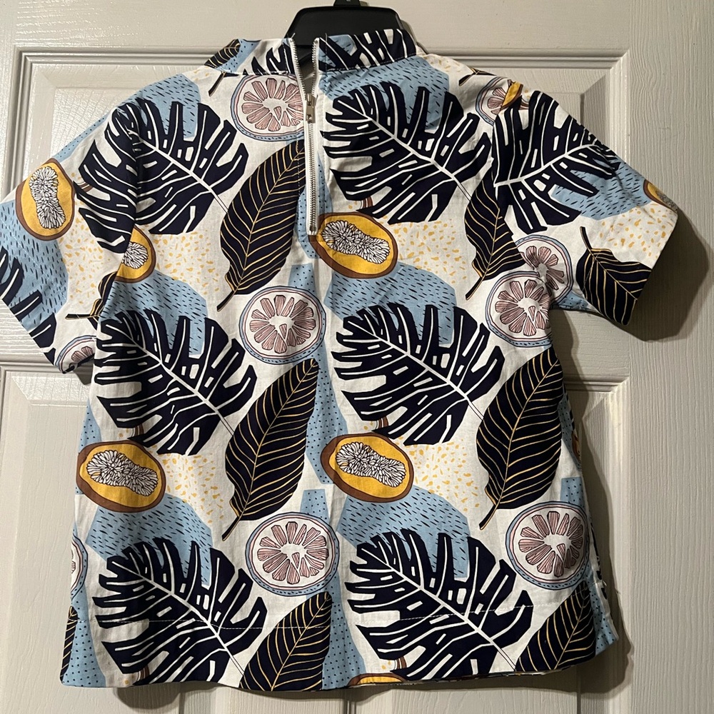 Leaf Print Short Sleeve Top - Multicolor - Picture 2 of 2
